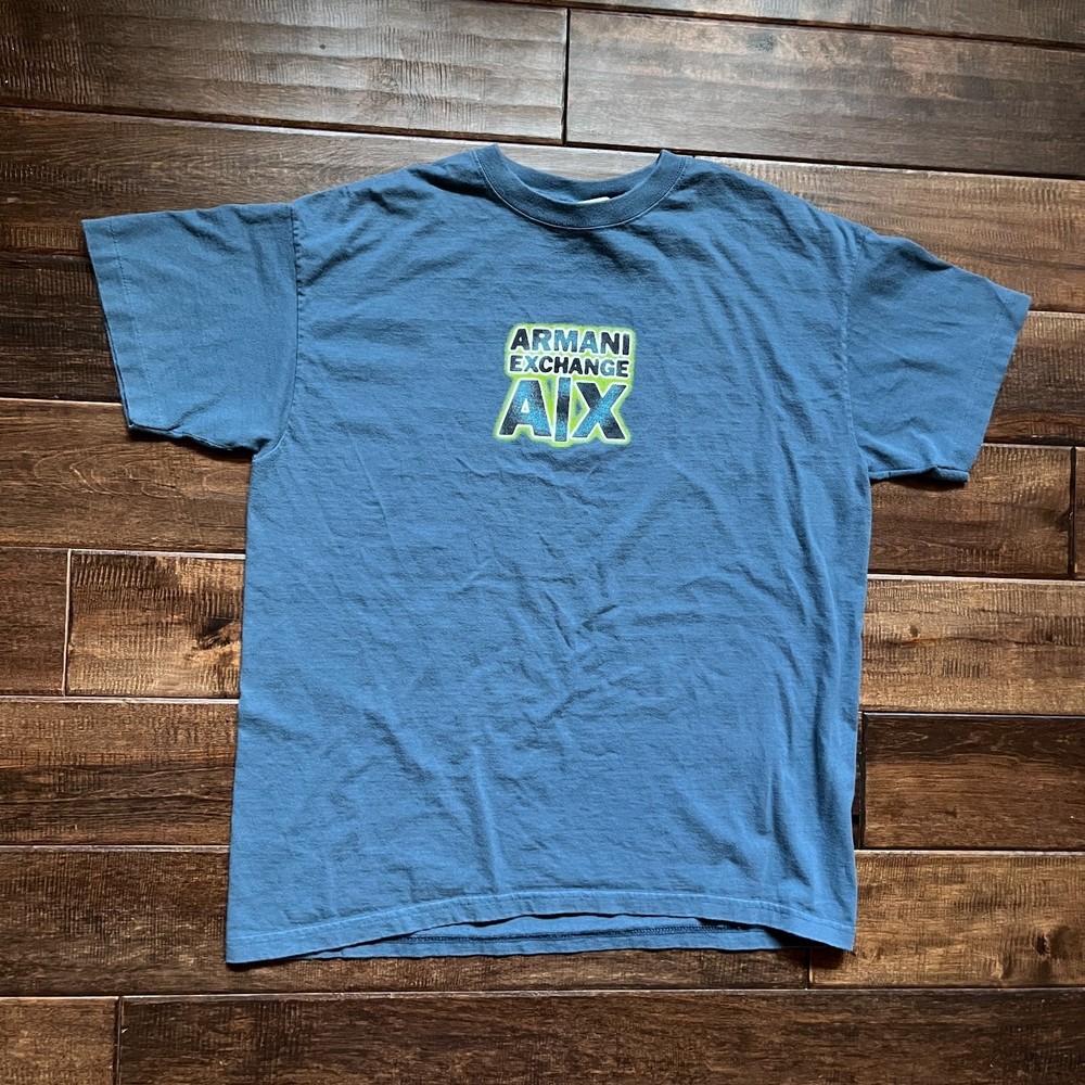 Vintage 90s Armani Exchange Single Stitch Blue Logo T Shirt Short Sleeve Medium